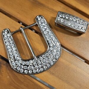 Silver Rhinestone Belt Buckle Set